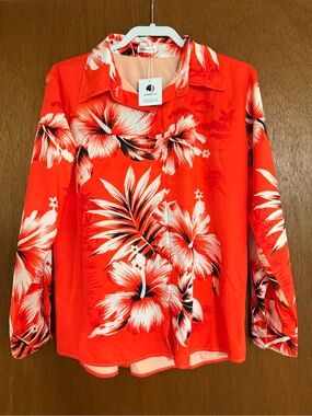 Vibrant Red Floral Button-Down Shirt — Women’s Tropical Print